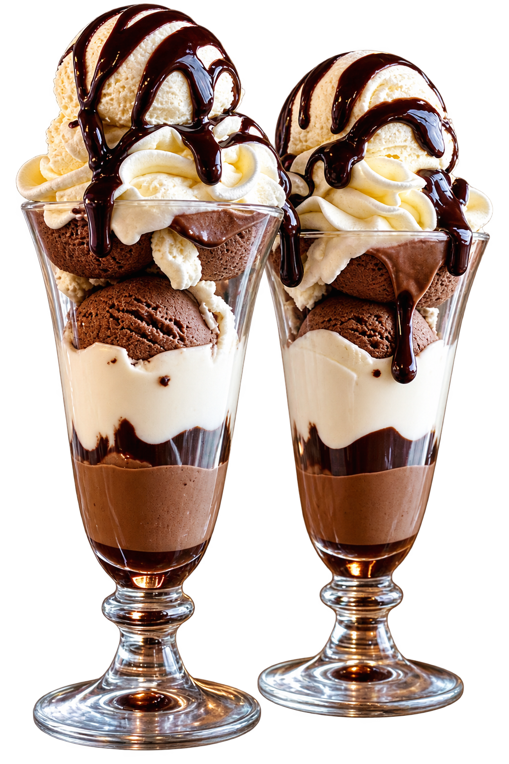 Two tall ice cream sundae glasses with chocolate sauce and whipped cream