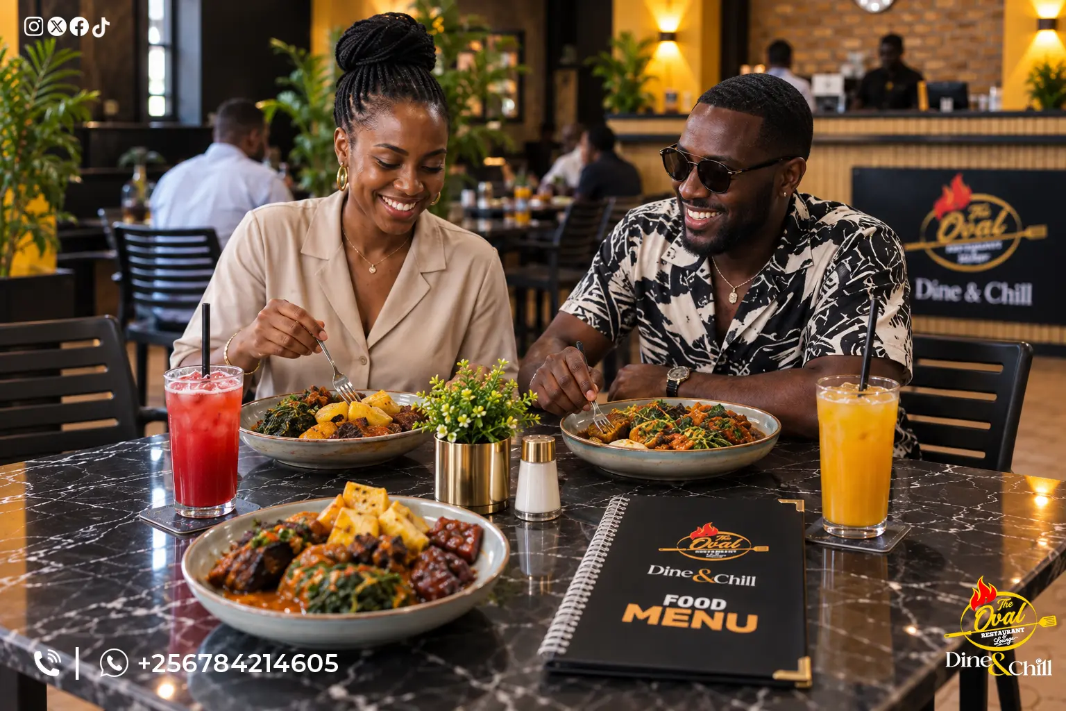 Two guests dining together at The Oval with local plates, juices and the Dine & Chill food menu