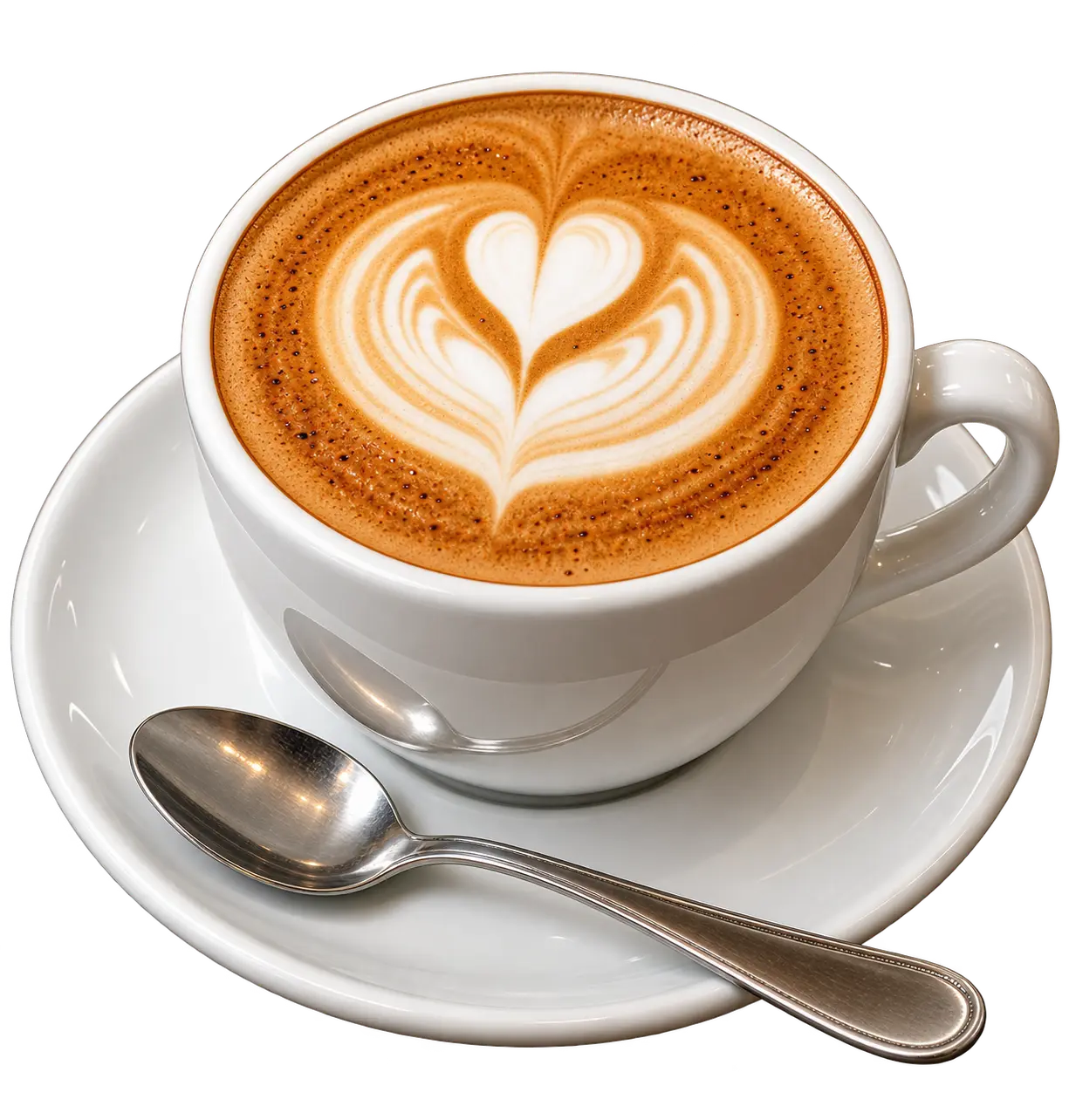 Cappuccino with heart latte art in a white cup and saucer