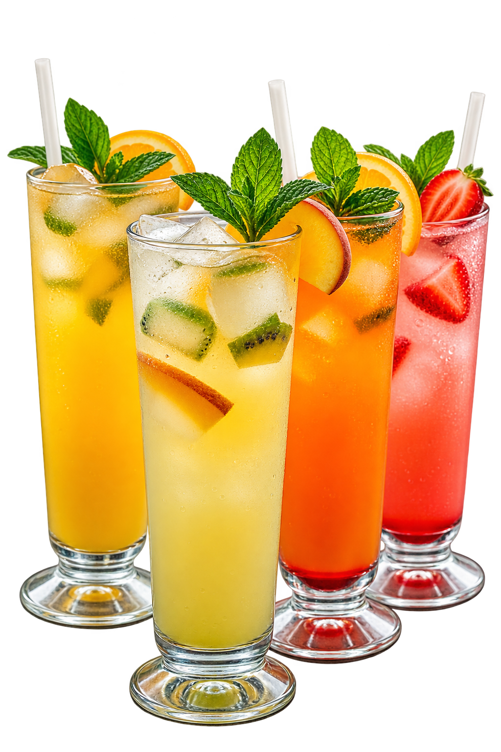 Four tall glasses of fresh Oval juices with mint, orange, kiwi and strawberry